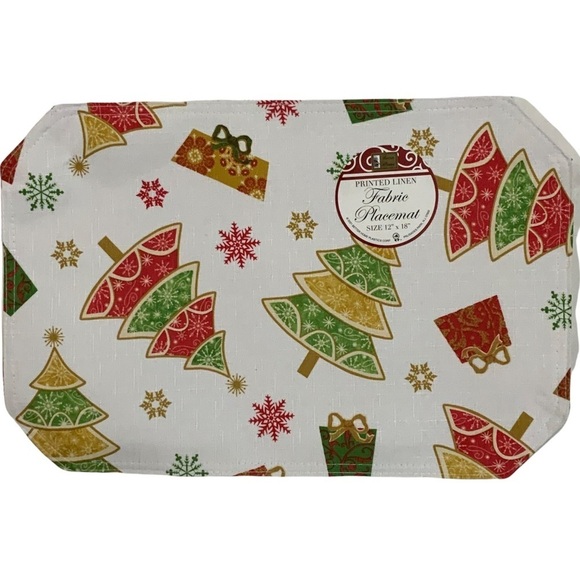 Christmas Printed Linen Fabric Placemats Reversible Holiday 12X18 in White Multi - Picture 1 of 11